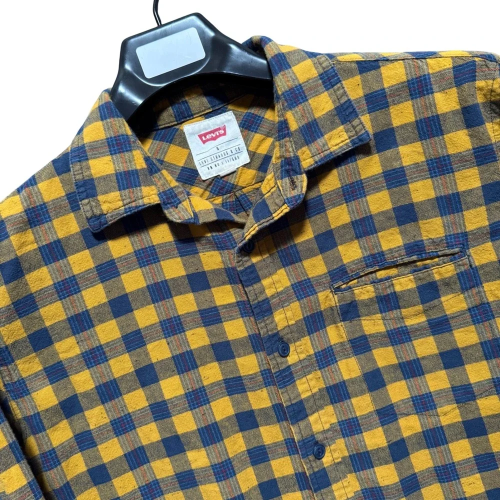 Levis Mens Small Yellow Navy Blue Plaid Button Down‎ Flannel Shirt 3LGW1305